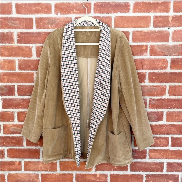 Vintage Jackets & Blazers - Vintage 90’s tan corduroy plaid oversized shacket